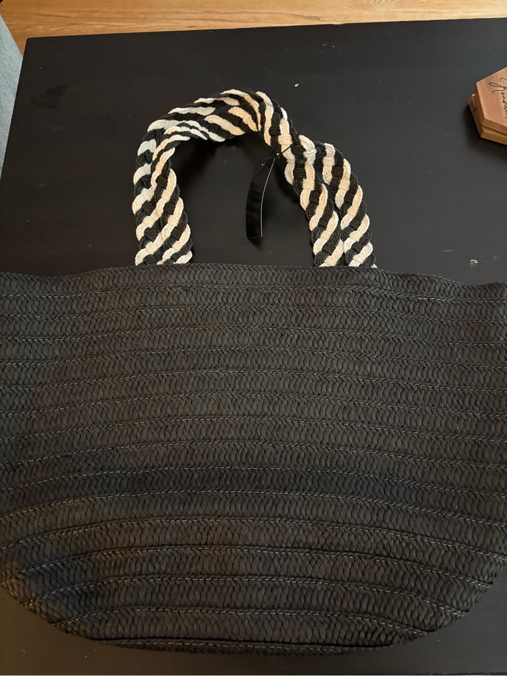 Rachel Zoe Black Woven Tote with Black and White Twisted Rope Handles